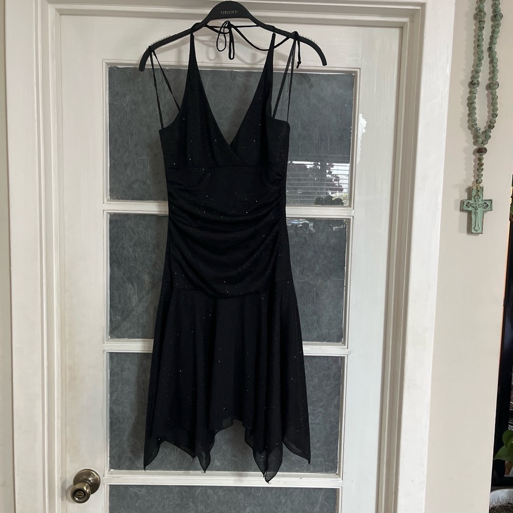 Y2k City  Triangles Black Sparkle Asymmetrical Handkerchief Hem Dress